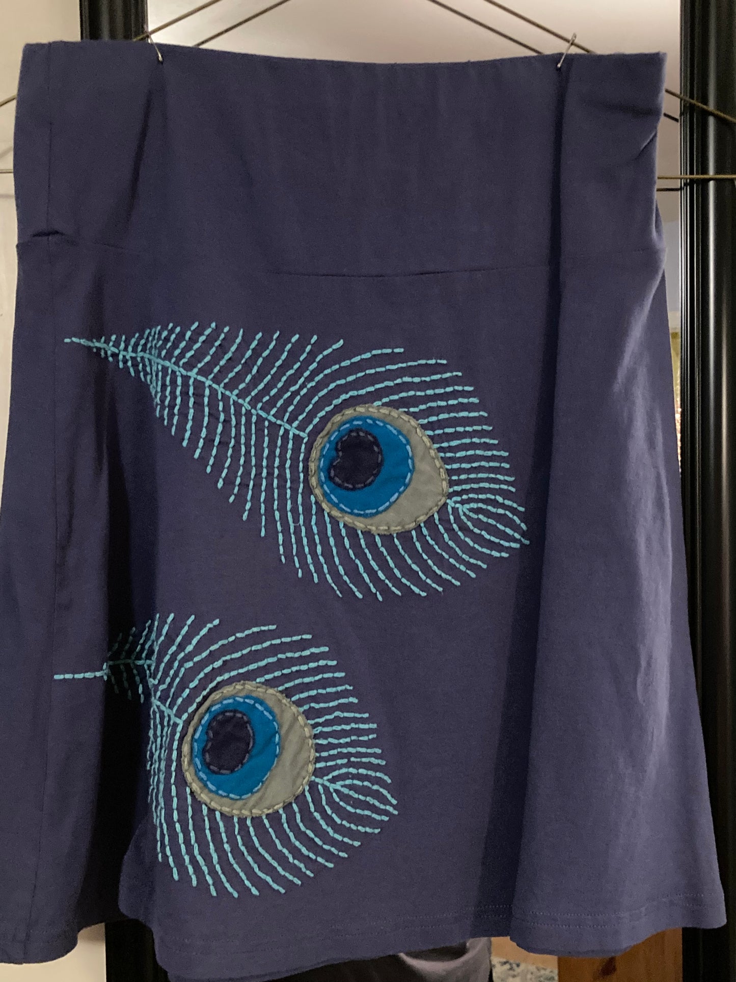 Synergy blue skirt with Peacock feathers - size Small
