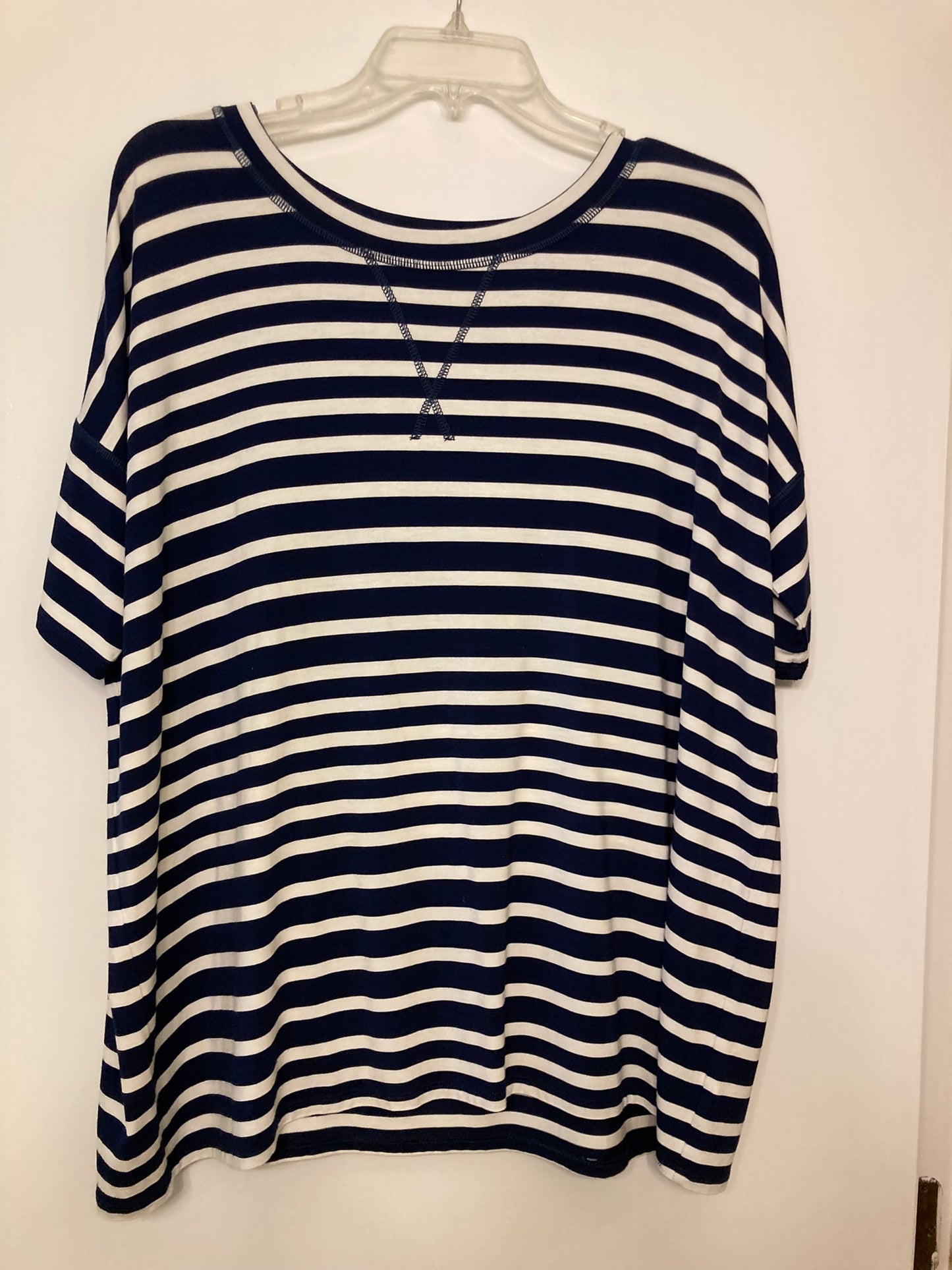 Cabi navy/ off white top Oversized with stripes - size Small