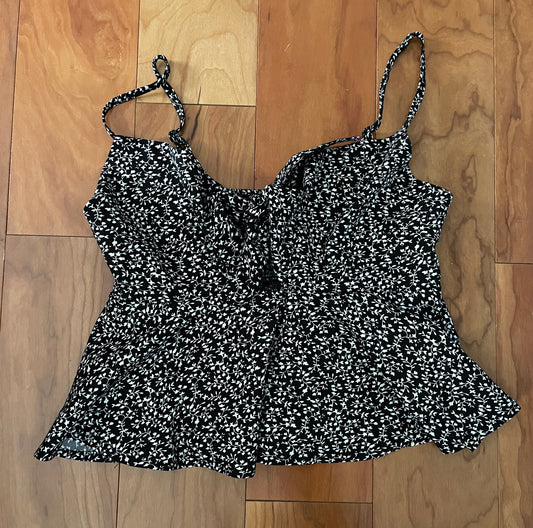 Black top White print tie front - size Small